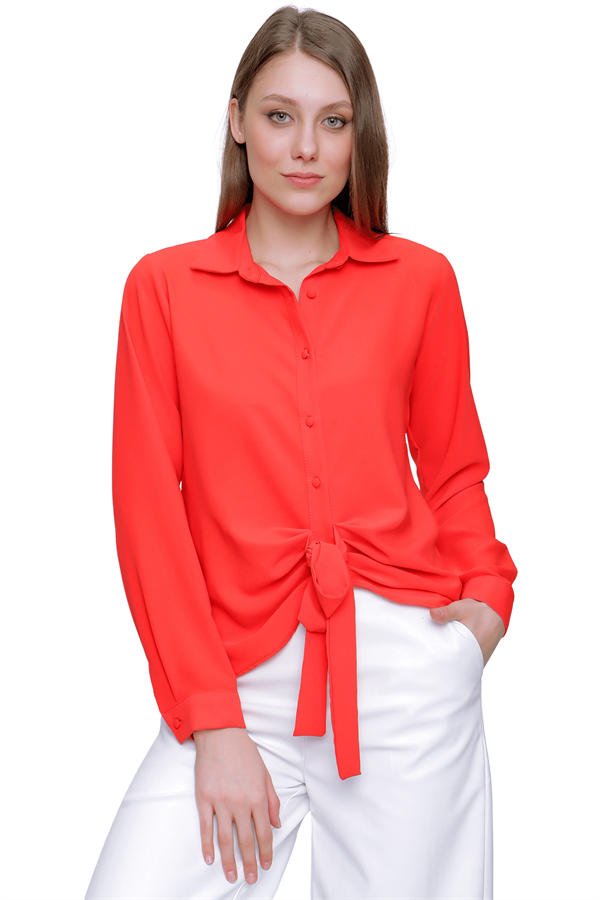 Kadın Kırmızı Ön Bağlamalı Şifon Gömlek