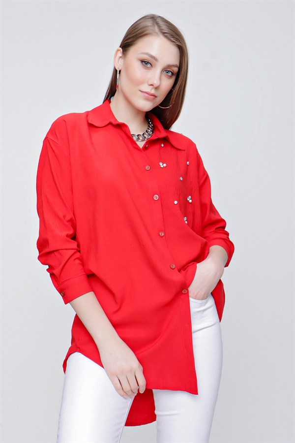 Kadın Kırmızı Önü Taş Süslemeli Gömlek
