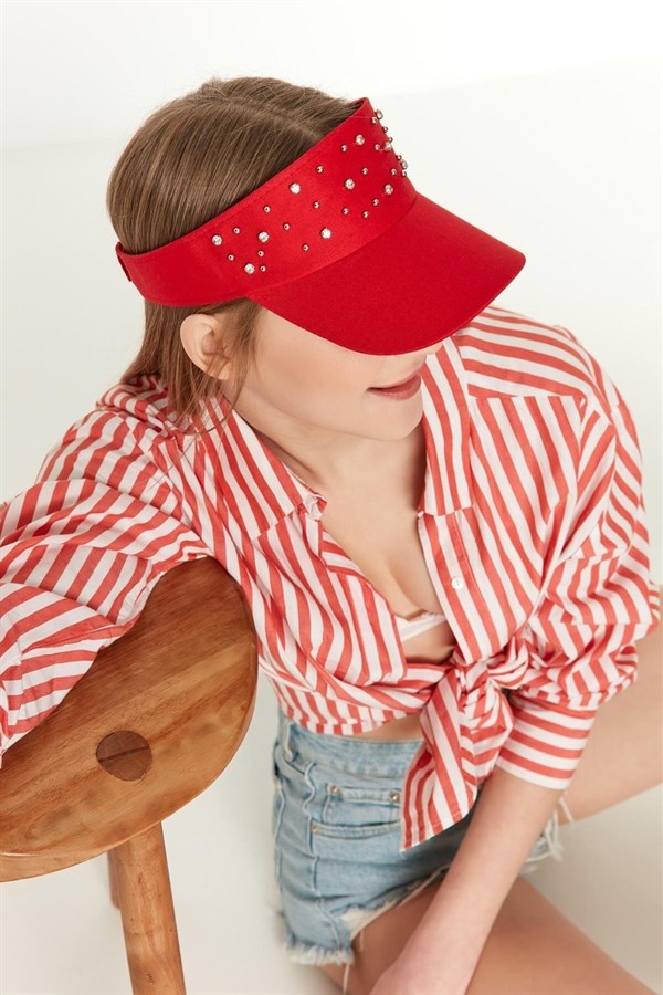 Kadın Kırmızı Üzeri Taşlı Tenisçi Şapka