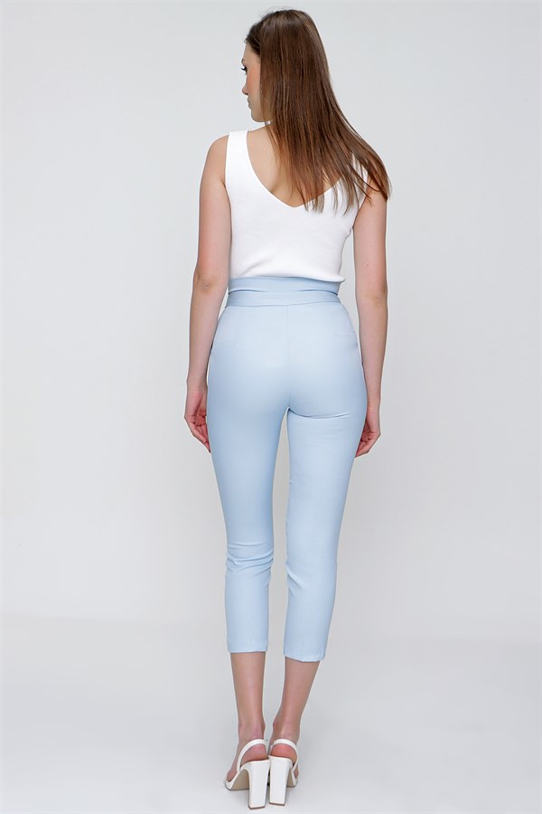 Kadın Mavi Çift Pileli Yüksek Bel Kumaş Pantolon
