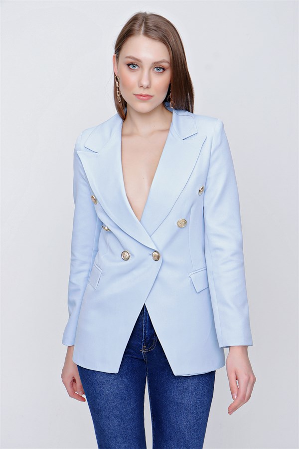 Kadın Mavi Kruvaze Yaka Blazer Ceket