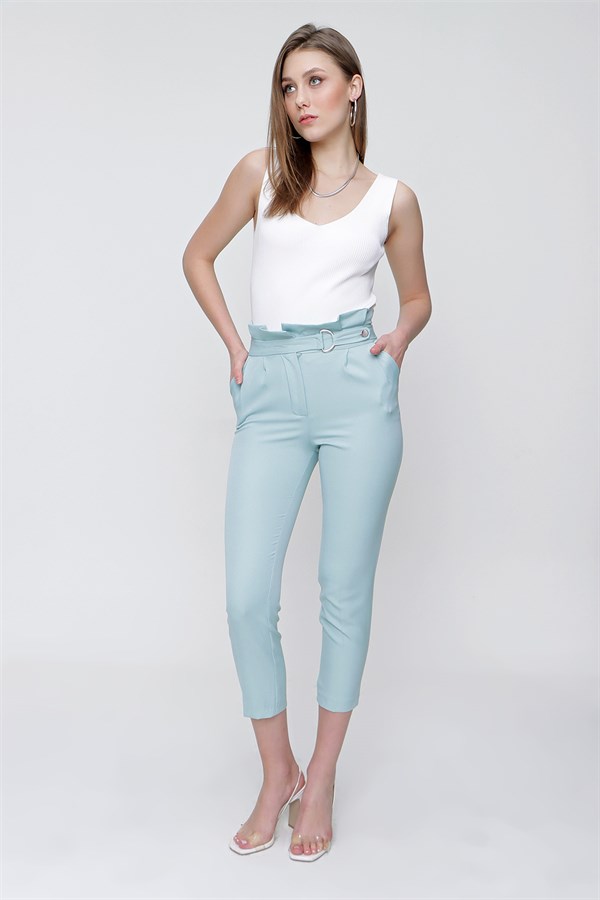 Kadın Mint Çift Pileli Yüksek Bel Pantolon