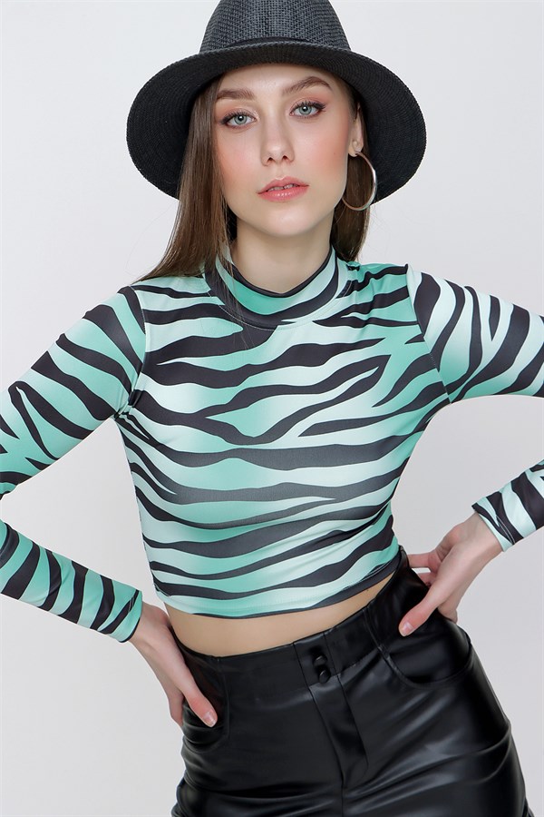 Kadın Mint Zebra Desen Crop Bluz