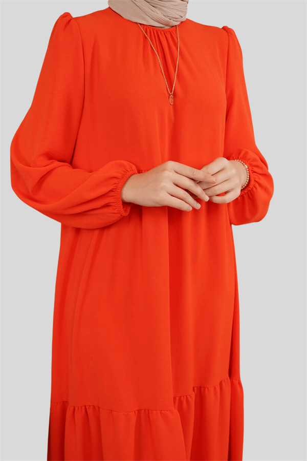 Kadın Orange Çift Pileli Boydan Elbise