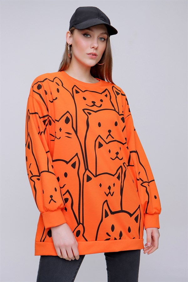 Kadın Orange Kedi Baskılı Tunik