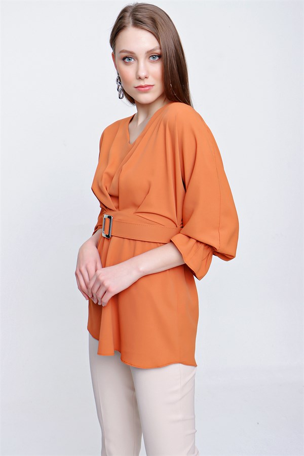 Kadın Orange Kemerli Şifon Bluz