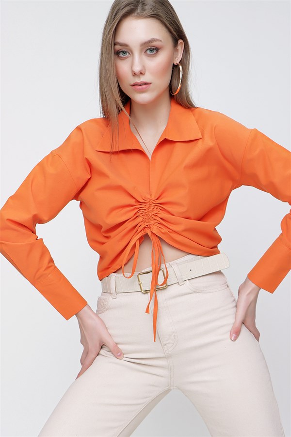 Kadın Orange Önü İp Büzgülü Gömlek Yaka Bluz