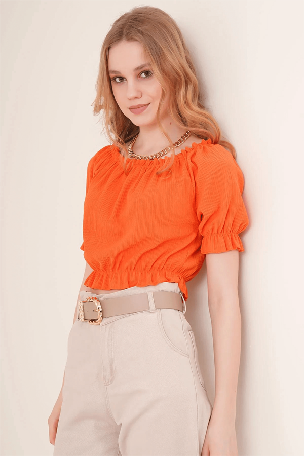 Kadın Orange Straplez Örme Crop Bluz