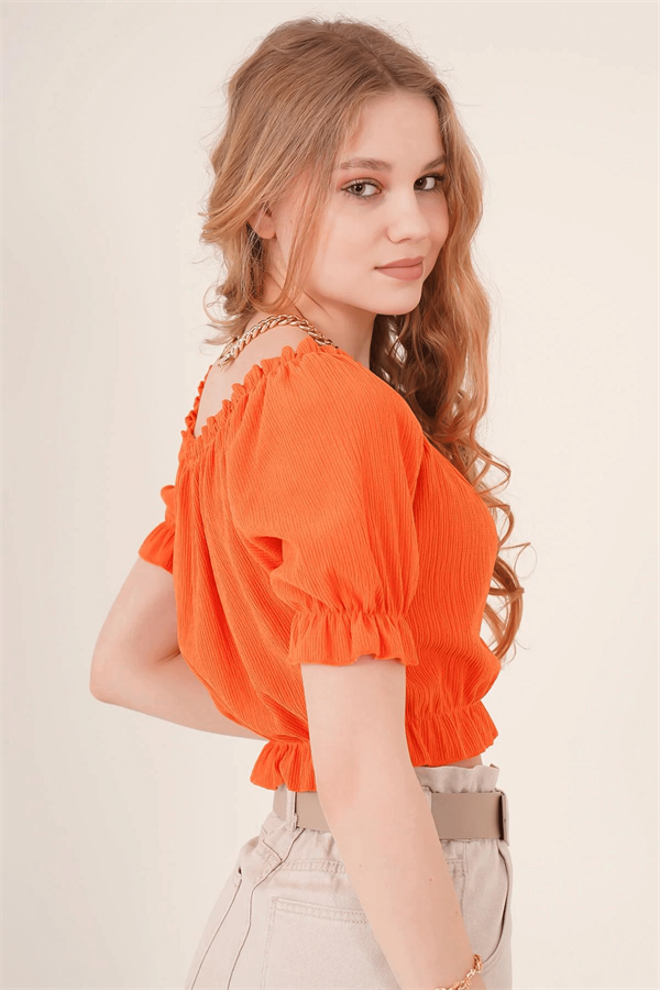 Kadın Orange Straplez Örme Crop Bluz