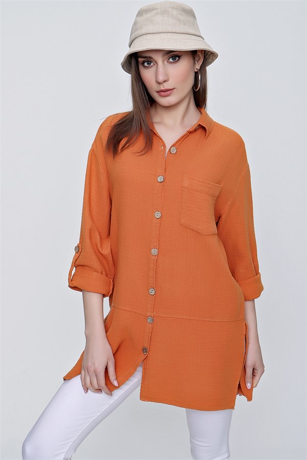 Kadın Orange Tek Cep Ahşap Düğmeli Gömlek