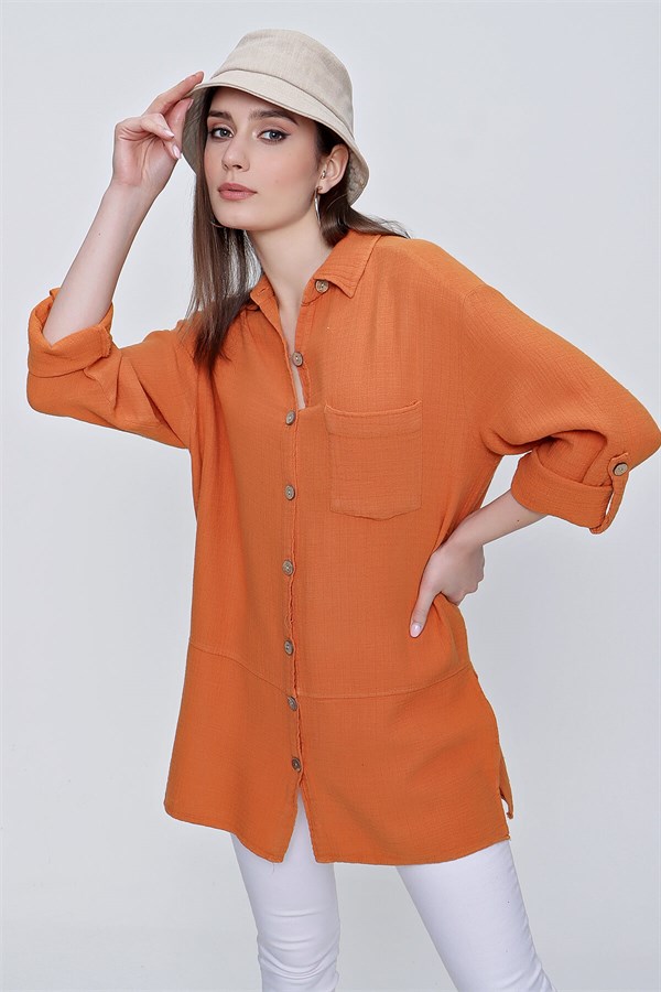 Kadın Orange Tek Cep Ahşap Düğmeli Gömlek