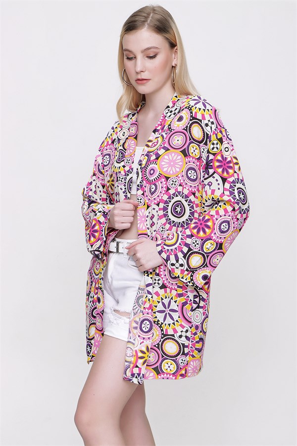 Kadın Pembe Desenli Kimono Ceket