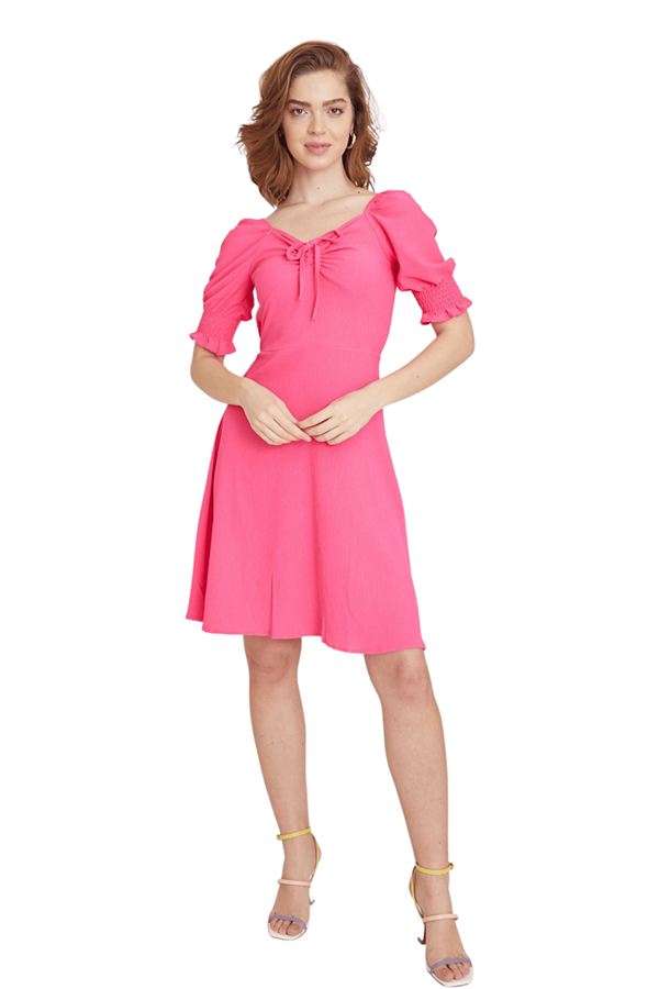 Kadın Pembe Kayık Yaka Gipeli Büzgülü Midi Elbise