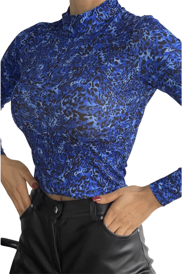 Kadın Saks Mavi Yarım Balıkçı Leopar Desenli Crop Bluz