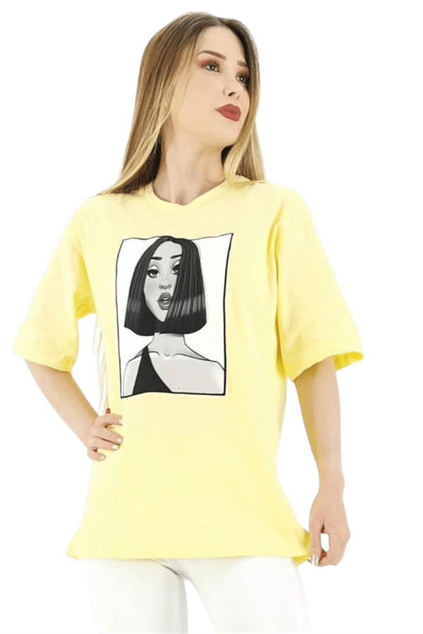 Kadın Sarı Baskı Detay T-Shirt