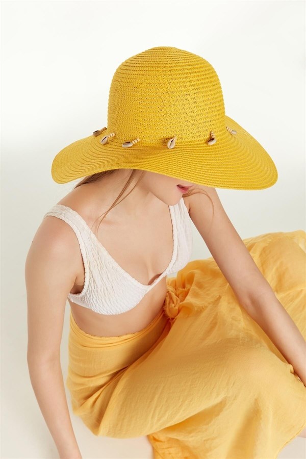 Kadın Sarı Deniz Kabuklu Geniş Plaj Şapkası