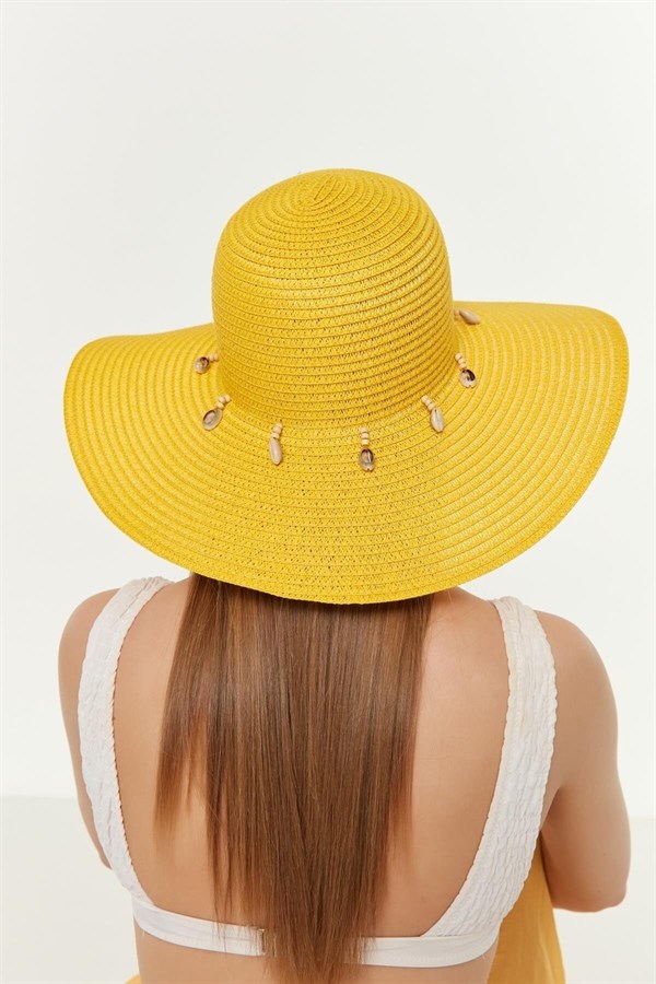 Kadın Sarı Deniz Kabuklu Geniş Plaj Şapkası