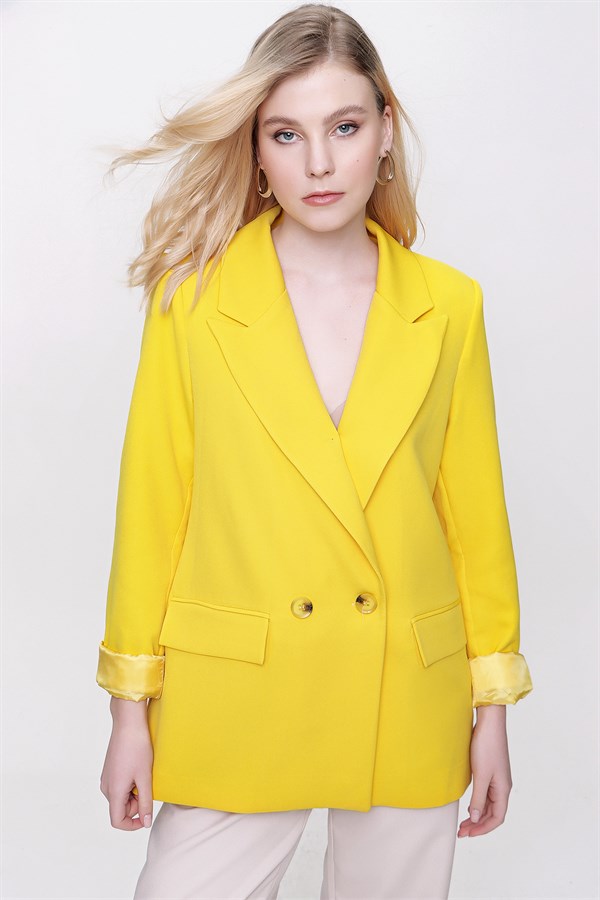 Kadın Sarı Kol Katlamalı Kruvaze Yaka Ceket