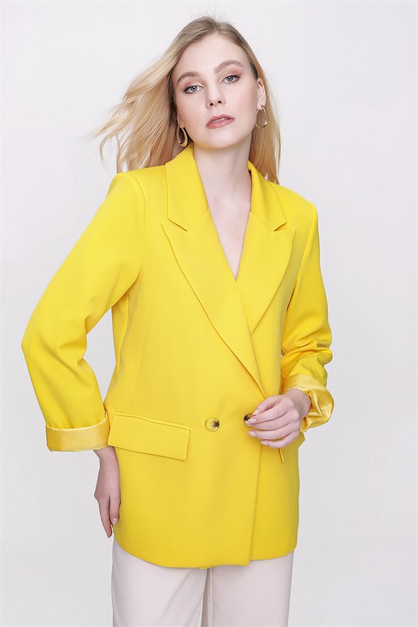 Kadın Sarı Kol Katlamalı Kruvaze Yaka Ceket