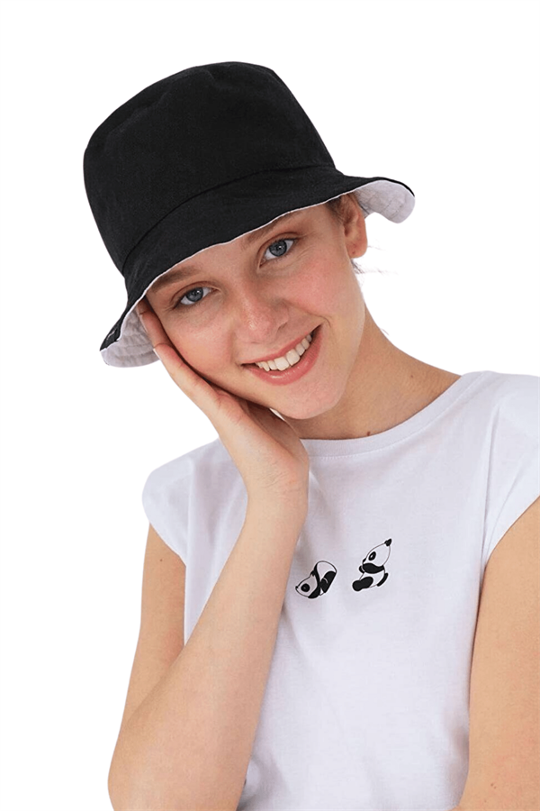 Kadın Siyah Beyaz Çift Taraflı Bucket Şapka
