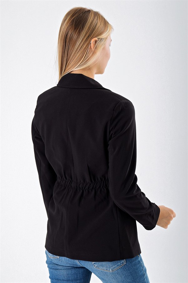 Kadın Siyah Cep Detaylı Bel Büzgü Dekor Ceket 