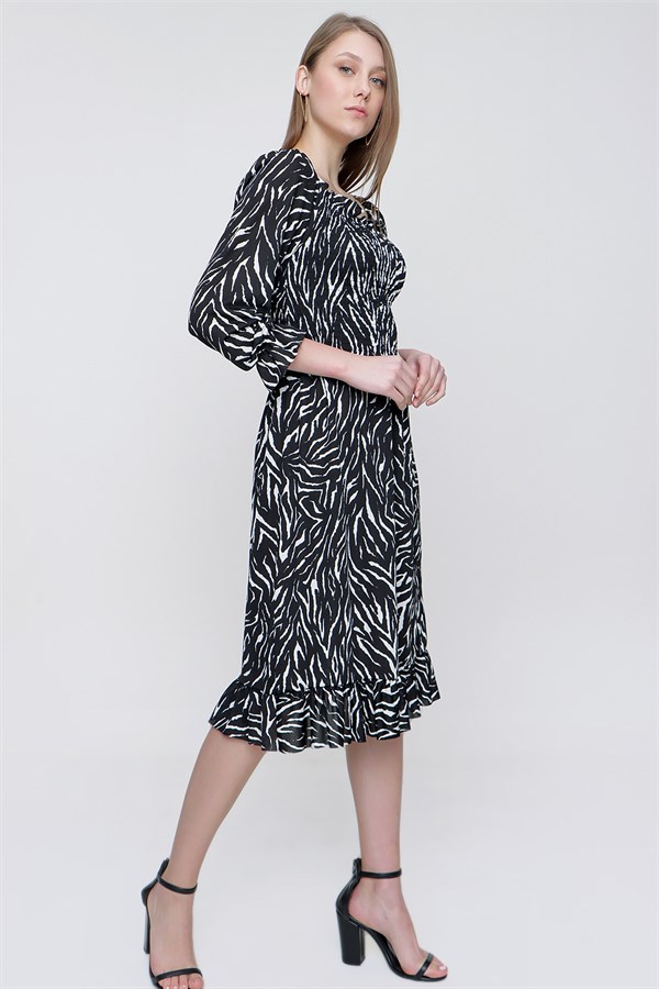 Kadın Siyah Gipeli Zebra Desen Midi Elbise