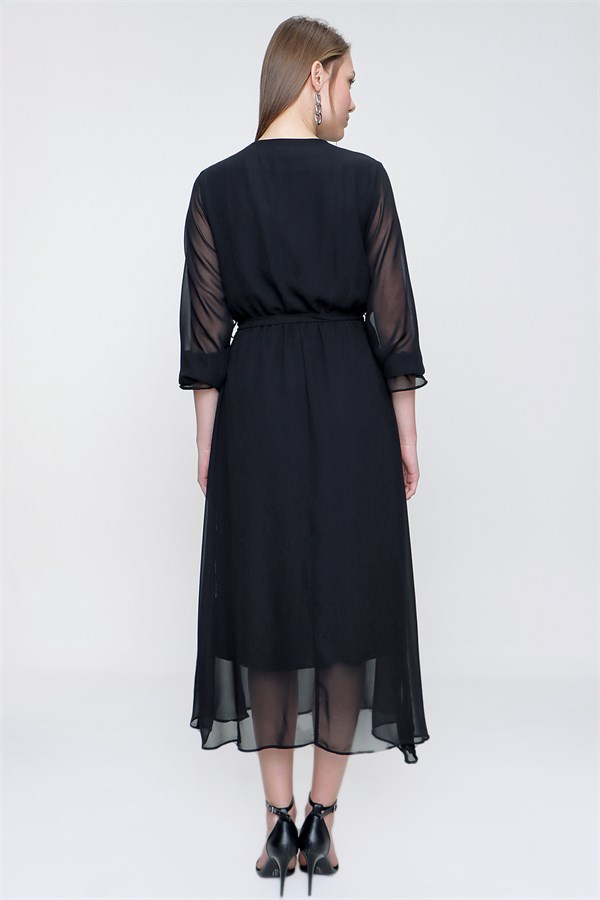 Kadın Siyah Kruvaze Yaka Kuşaklı Şifon Elbise