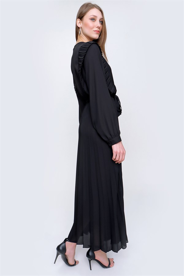 Kadın Siyah Kruvaze Yaka Omuz Fırfırlı Şifon Elbise