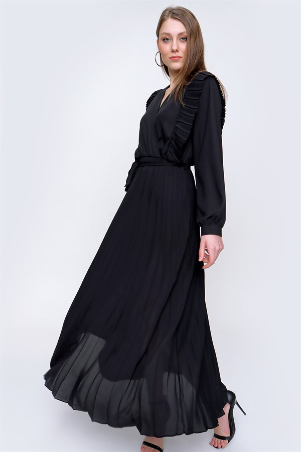 Kadın Siyah Kruvaze Yaka Omuz Fırfırlı Şifon Elbise