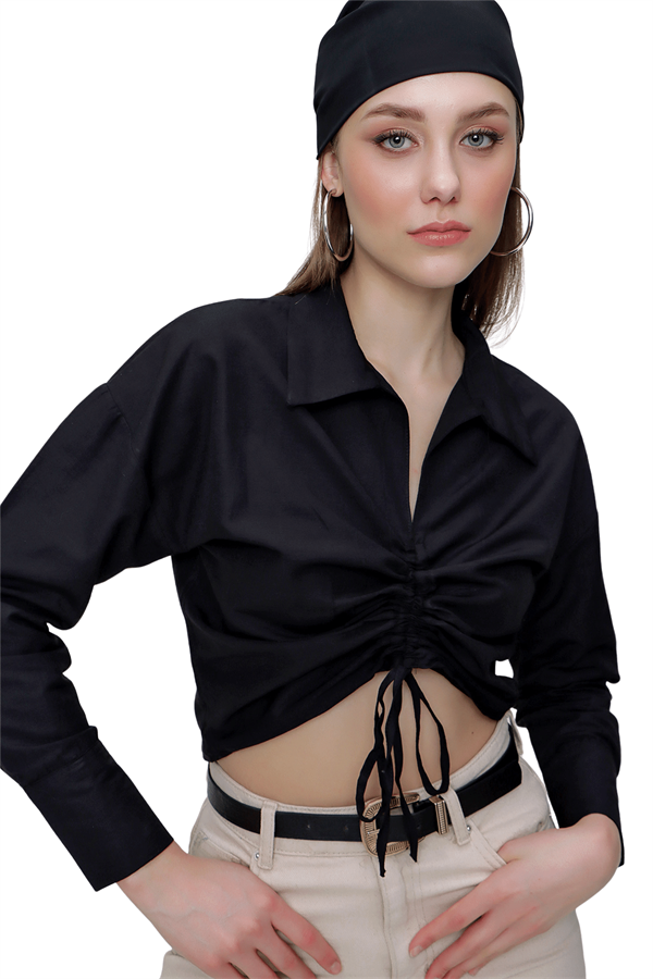 Kadın Siyah Önü İp Büzgülü Gömlek Yaka Bluz