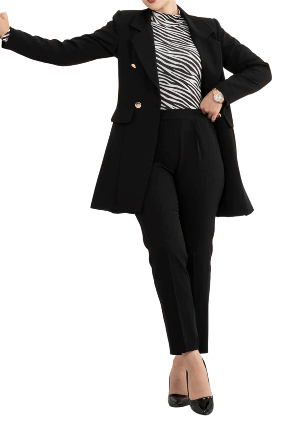 Kadın Siyah Uzun Blazer Ceket Pantolon Takım