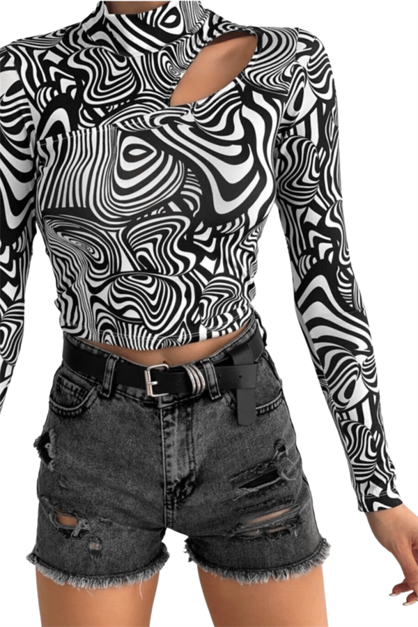 Kadın Siyah Zebra Desen Damla Dekolteli Crop Bluz