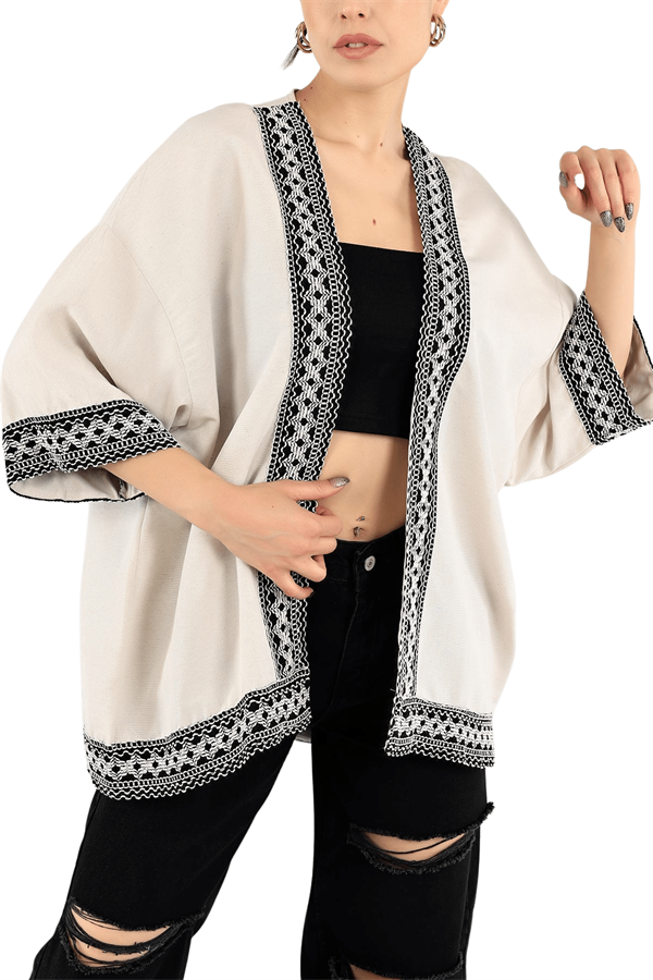 Kadın Taş Nakış İşlemeli Keten Kimono Hırka