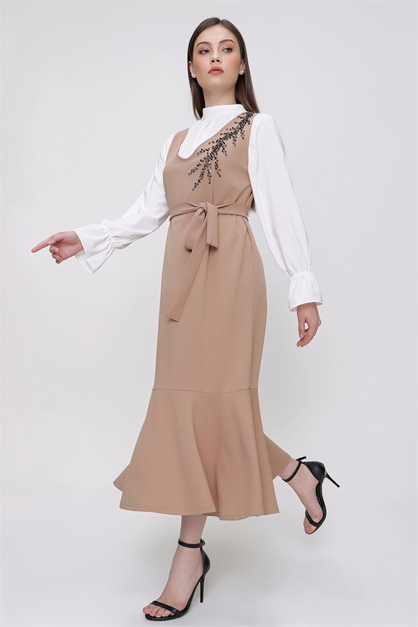 Kadın Vizon Taş İşlemeli Kuşaklı Jile Elbise