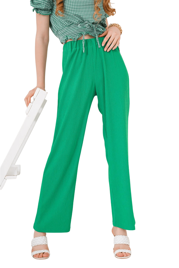 Kadın Yeşil Bol Paça Yüksel Bel Örme Pantolon