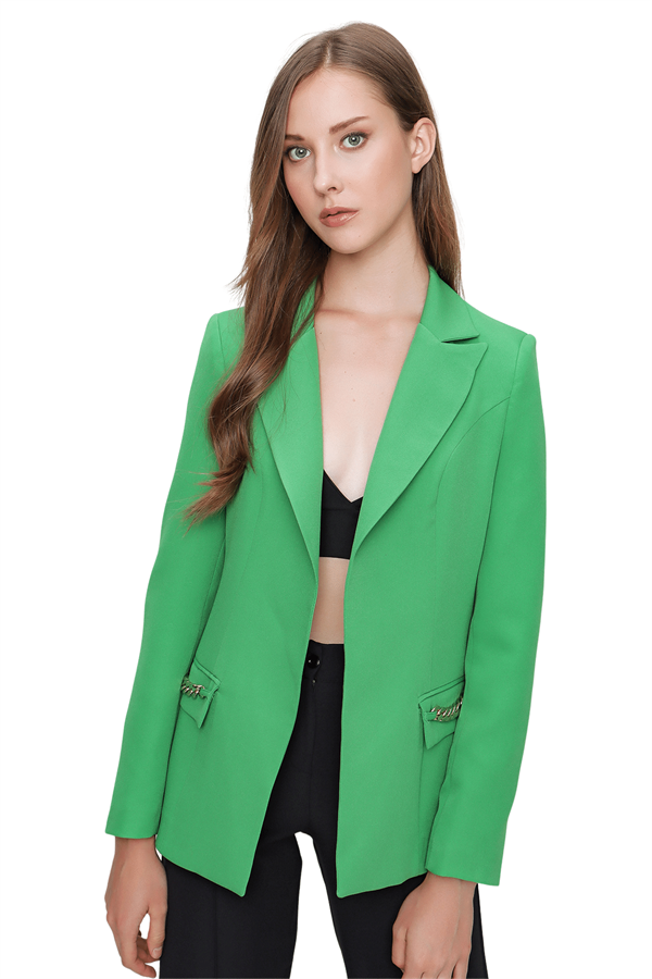 Kadın Yeşil Cep Kapak Zincirli Ceket