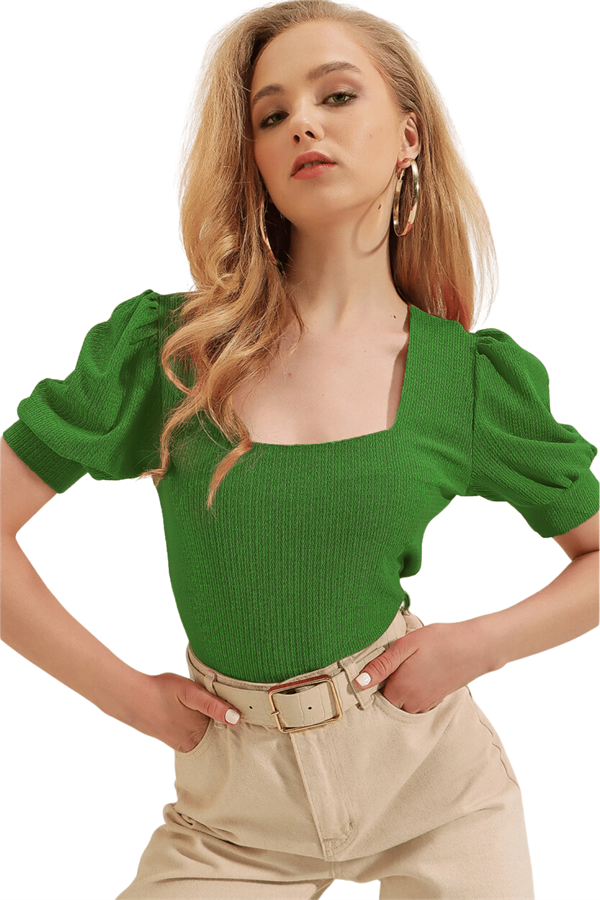 Kadın Yeşil Kare Yaka Örme Bluz