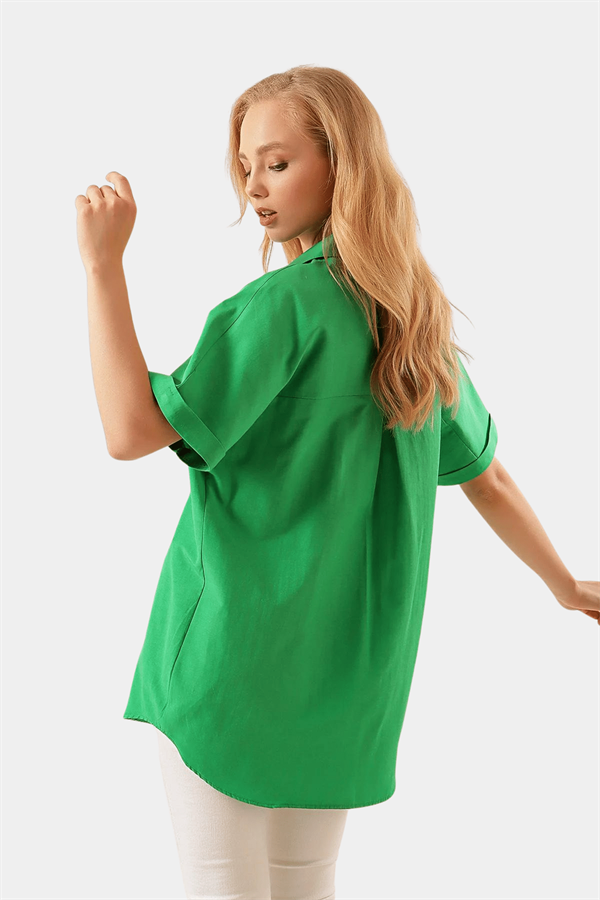 Kadın Yeşil Kısa Kollu Oversize Gömlek