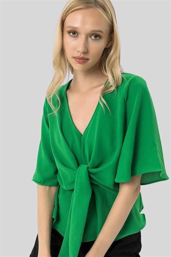Kadın Yeşil Ön Bağlamalı Yarasa Kol Bluz