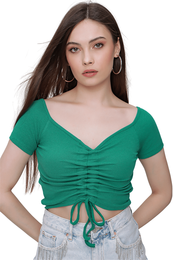 Kadın Yeşil Ön Büzgülü V Yaka Crop Bluz