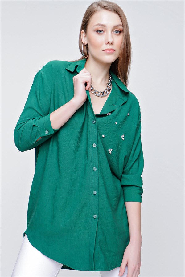 Kadın Yeşil Önü Taş Süslemeli Gömlek