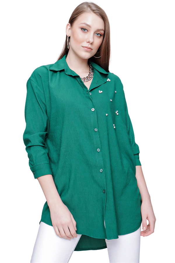 Kadın Yeşil Önü Taş Süslemeli Gömlek