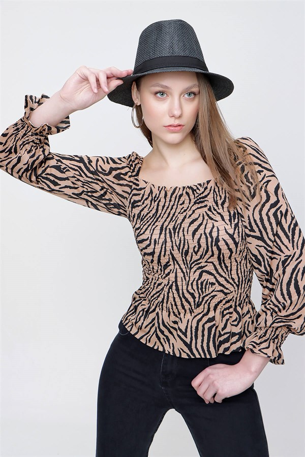 Kadın Zebra Desen Gipeli Crop Bluz