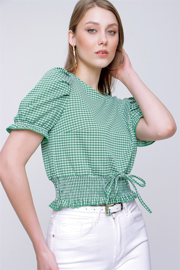 Kadın Zümrüt Yeşili Balon Kol Pitikare Bluz