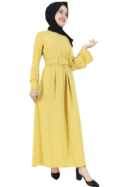 Kemerli Kol Pileli Elbise - Sarı