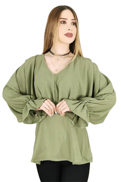 V Yaka Bilek Sıkmalı Kadın Bluz - Yeşil