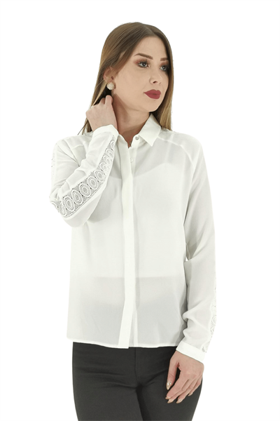 Kol Dantel İşleme Model Kadın Gömlek - Beyaz