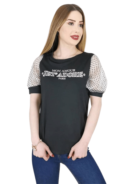Yazılı Kol Detay Kadın T-shirt - Siyah