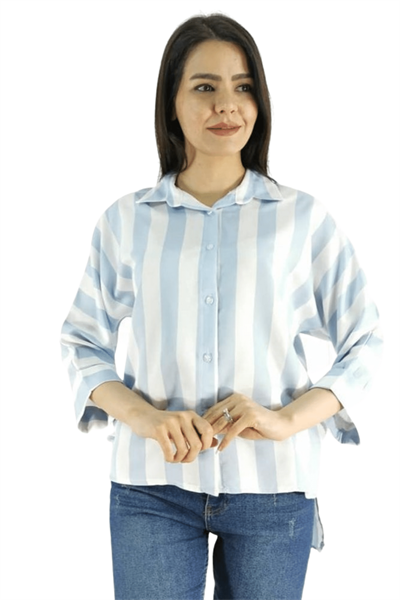 Önü Kısa Arkası Uzun Kadın Gömlek - Mavi