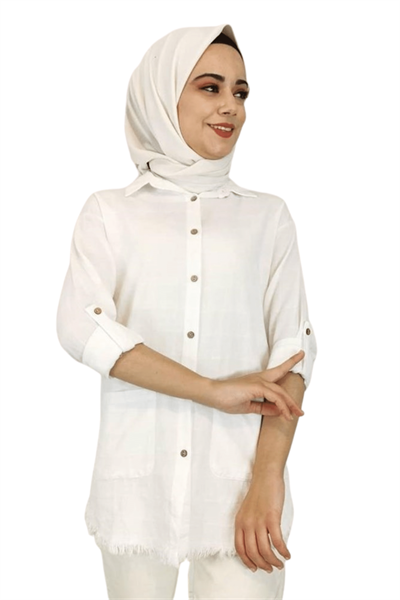 Kadın Beyaz Alt Püskül Detay Cepli Gömlek